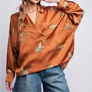 Easel Orange Leopard Print Blouse Size L